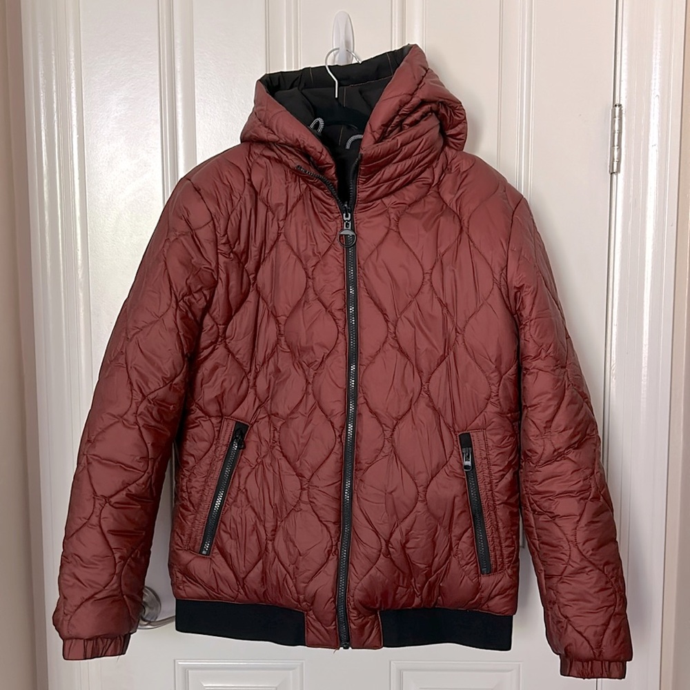 Almost New Men’s Bugatchi Reversible Bomber Jacket with Hood Size M Brick Color